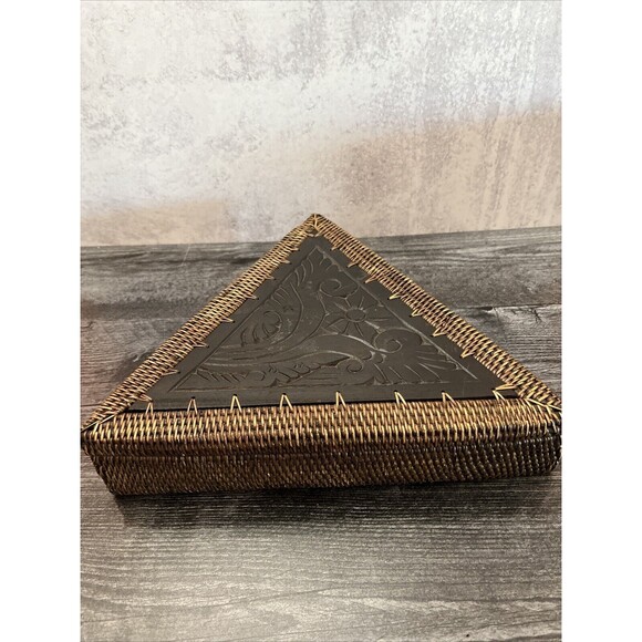 Vintage Triangular Wicker Box With Hand carved Wooden Lid - Picture 1 of 12